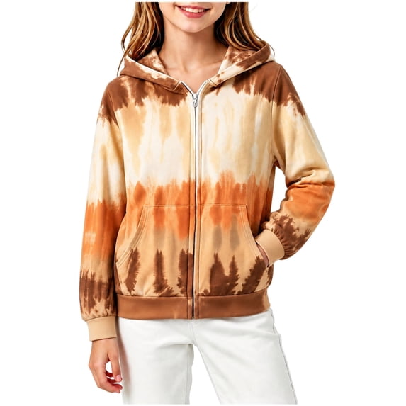 Spazoro Girls Full Zip Hoodie with Pockets, Long Sleeve Tie Dye Stretchy Hooded Lightweight Casual Sweatshirt Jacket Orange Size 5-6