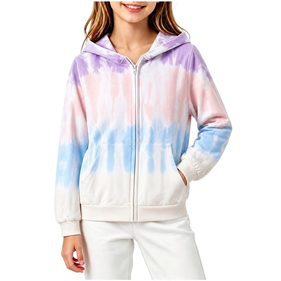 Spazoro Girls Full Zip Hoodie with Pockets, Tie Dye Hooded Stretchy Long Sleeve Lightweight Casual Sweatshirt Jacket Purple Size 9-10
