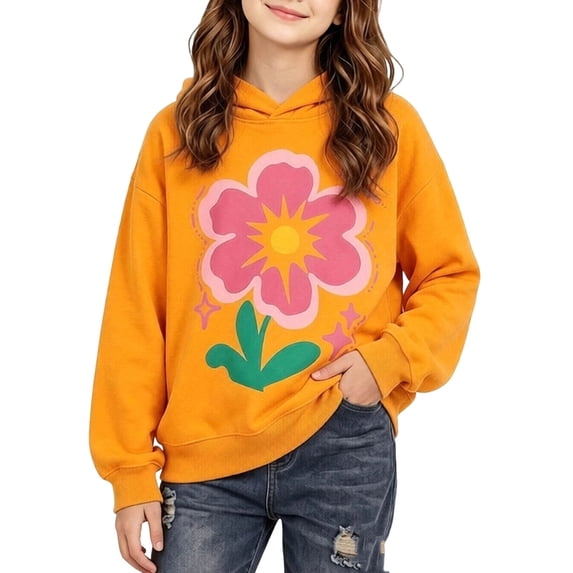 Spazoro Girls Graphic Hoodie, Long Sleeve Relaxed Fit Kangaroo Pocket Pullover Cute Print Fall Casual Sweatshirt for Kids Orange Size 3-4T