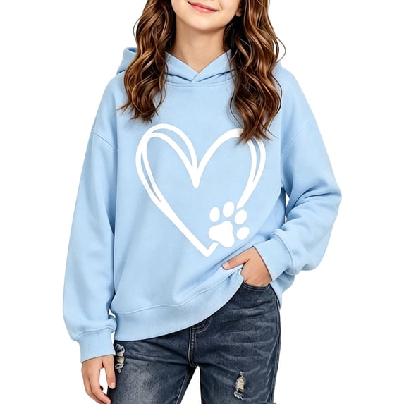 Spazoro Girls Graphic Hoodie Pullover, Kangaroo Pocket Relaxed Fit Long Sleeve Cute Print Soft Lightweight Fall Sweatshirt for Kids Blue Size 7-8