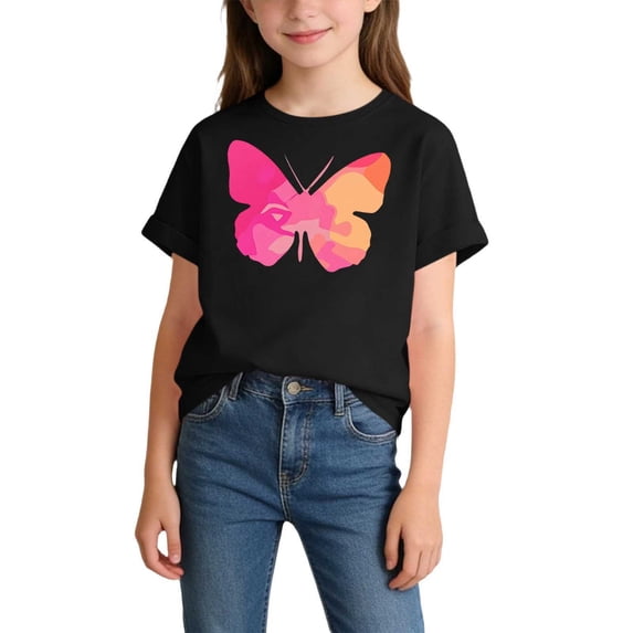 Spazoro Girls Graphic T-Shirts Tee, Butterfly Print Cotton Short Sleeve Crew Neck Casual Tops for Kids Black Size 2-4