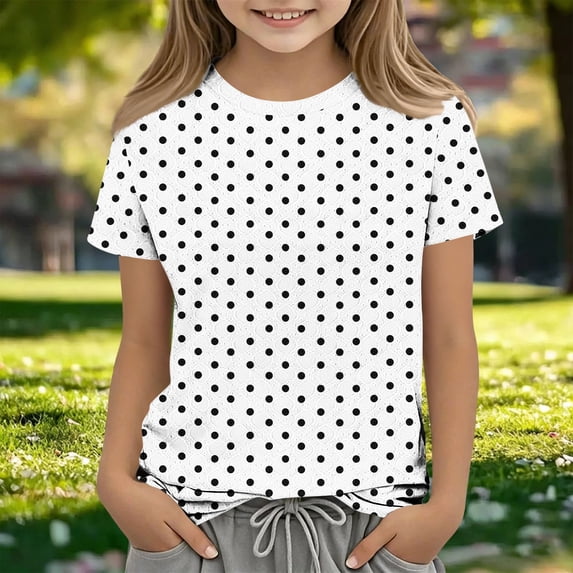Spazoro Girls Graphic T-Shirts Tee, Dot Print Summer Short Sleeve Crew Neck Casual Tops for Kids White Size 11