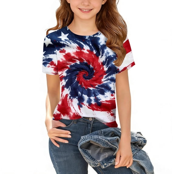 Spazoro Girls Graphic T-Shirts Tee, Independence Day Short Sleeve Summer Crew Neck Casual Tops for Kids Wine Size 11-12