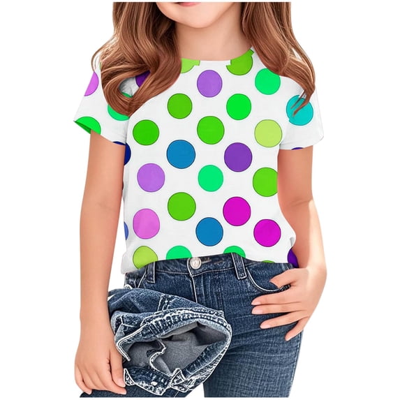 Spazoro Girls Graphic T-Shirts Tees, Round Neck Short Sleeve Dot Print Casual Tops for Kids White Size 11-12