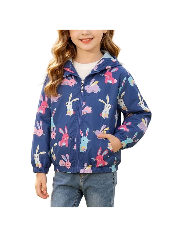 Girls Hooded Jacket with Pockets, Elastic Cuffs Bunny Print Casual Lightweight Zip up Wind Resistant Outerwear for Little Girls Multicolor Size 6-7