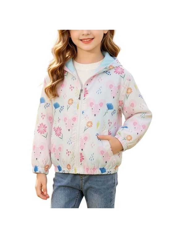 Girls Hooded Jacket with Pockets, Lightweight Zip up Casual Cute Print Elastic Cuffs Wind Resistant Outerwear for Little Girls Multicolor Size 2-3 T