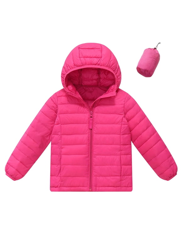 Girls Hooded Puffer Jacket, Packable Full Zip Regular Fit Solid Color Long Sleeve Warm Winter Outerwear Coat for Kids Hot Pink Size 7-8