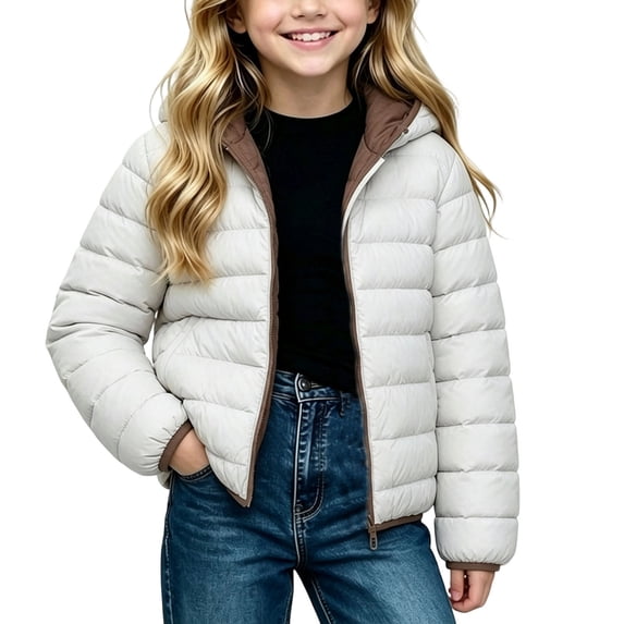 Spazoro Girls Hooded Puffer Jacket with Pockets, Solid Color Long Sleeve Warm Zip Up Lightweight Winter Outerwear Coat Light Blue Size 7-8
