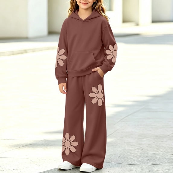 Spazoro Girls Hooded Sweatshirt Outfit with Kangaroo Pocket, Warm Long Sleeve Elastic Waist Floral Print 2 Piece Activewear Set for Daily Casual Wear Brown Size 2-3T