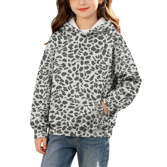Spazoro Girls Hooded Sweatshirt with Pockets, Drawstring Hooded Neck Warm Leopard Print Long Sleeve Pullover Tops Casual Hoodies for School Gray Size 13