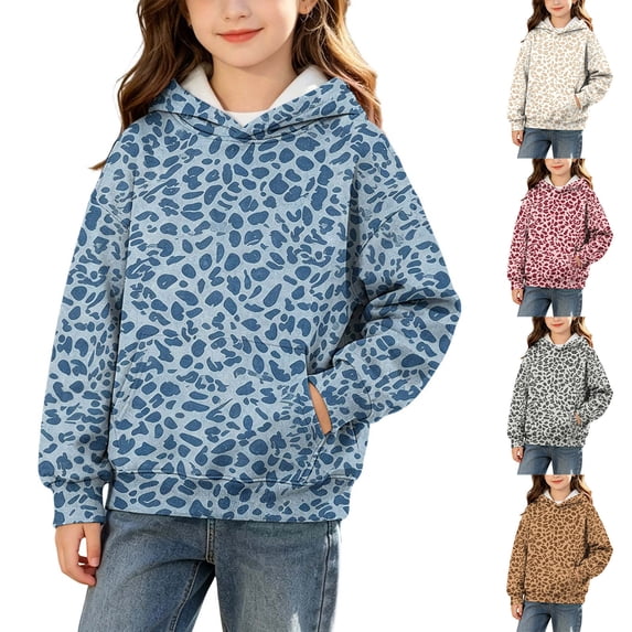 Spazoro Girls Hooded Sweatshirt with Pockets, Hooded Neck Long Sleeve Drawstring Leopard Print Warm Pullover Tops Casual Hoodies for School Blue Size 7