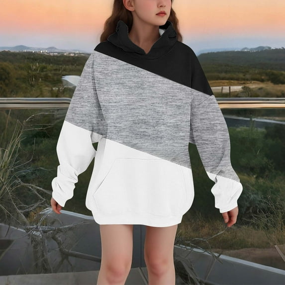 Spazoro Girls Hooded Sweatshirts, Fleece Lined Color Block Soft & Comfy Long Sleeve Fall Winter Tops for Girls Black Size 5-6T