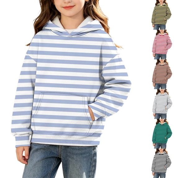 Spazoro Girls Hooded Sweatshirts with Front Pockets, Fall and Winter Soft & Loose Striped Long Sleeve Activewear Pullover Hoodie for Kids Blue Size 5-6
