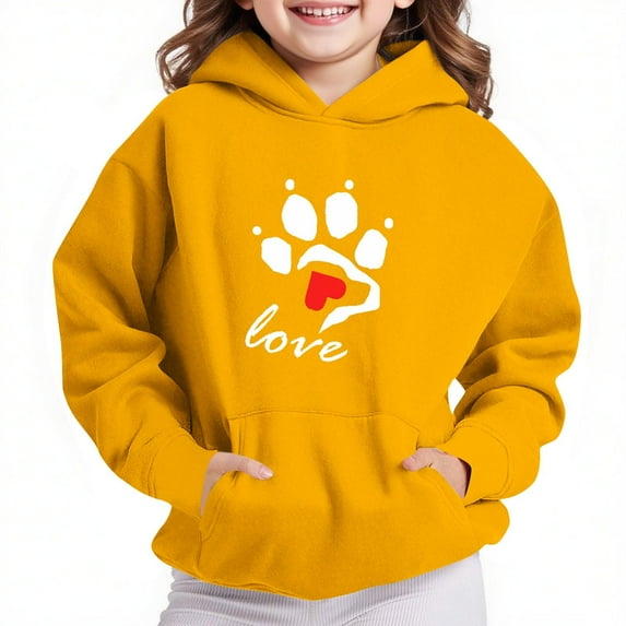 Spazoro Girls Hooded Sweatshirts, Long Sleeve Fashion Soft & Comfy Love Print Fall Winter Tops for Girls Yellow Size 4 T