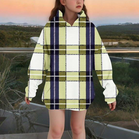 Spazoro Girls Hooded Sweatshirts, Plaid Long Sleeve Soft & Comfy Fleece Lined Fall Winter Tops for Girls Green Size 9-10T