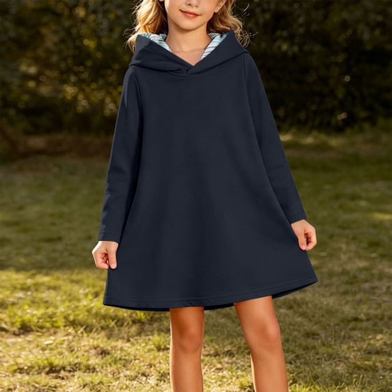 Spazoro Girls Hooded Tunic Dress, Hooded Solid Color Long Sleeve Soft Regular Fit Playwear Dresses for Kids Navy Size 5-6