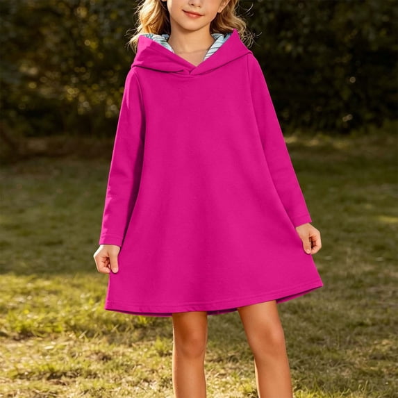 Spazoro Girls Hooded Tunic Dress, Soft Long Sleeve Hooded Solid Color Regular Fit Playwear Dresses for Kids Hot Pink Size 7-8