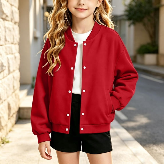 Spazoro Girls Hoodless Sweatshirts with Pockets, Fleece Lined Ribbed Collar Regular Fit Long Sleeve Solid Color Button Snap Jacket Tops for Kids Red Size 8-9