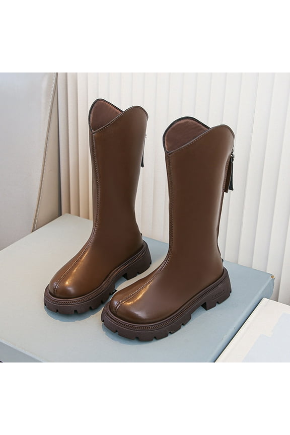 Girls Knee High Boots, Chunky Sole Smooth Leather Round Toe Side Zipper Long Boot Shoes for Girls Brown