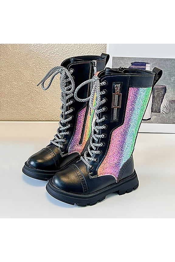 Girls Knee High Boots, Lace Up Side Zipper Metallic Accent Rainbow Glitter Long Boot Shoes for Girls Black