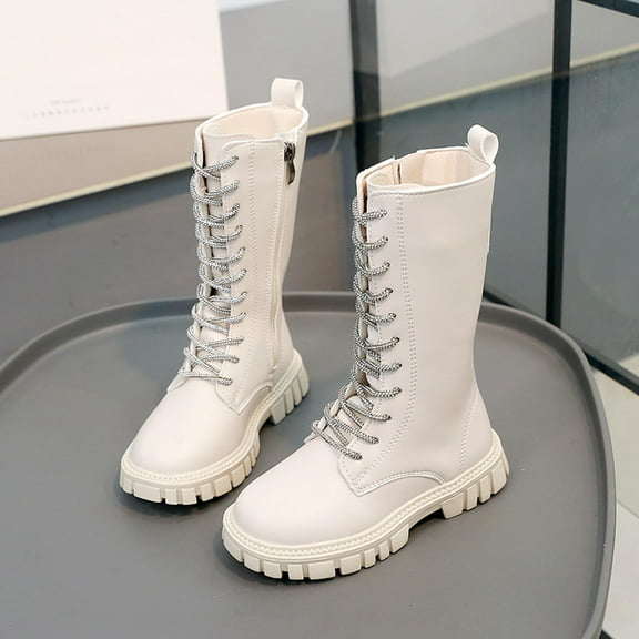 Spazoro Girls Knee High Boots, Leather Chunky Sole Side Zipper Rhinestone Embellished Laces Long Boot Shoes for Girls White