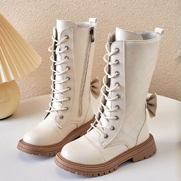 Spazoro Girls Knee High Boots, Leather Side Zipper Lace Up Bow Decor Long Boot Shoes for Girls Beige