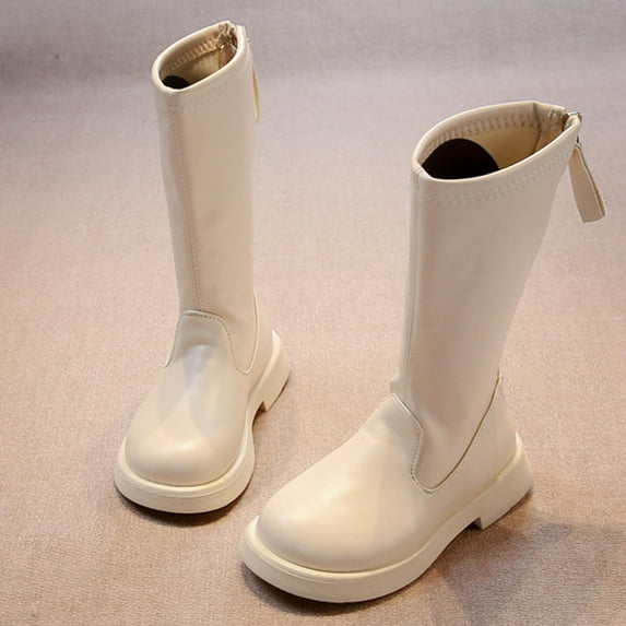 Spazoro Girls Knee High Boots, Round Toe Leather Side Zipper Chunky Sole Long Boot Shoes for Girls Beige