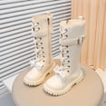 thumbnail image 1 of Spazoro Girls Knee High Boots, Side Zipper Lace Up Bow & Flower Decor Buckle Strap Long Boot Shoes for Girls White, 1 of 9