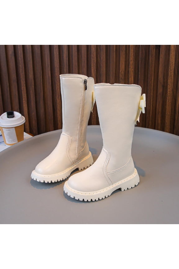 Girls Knee High Boots, Side Zipper Leather Durable Bow Decor Long Boot Shoes for Girls White