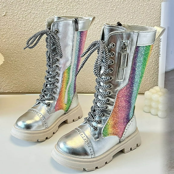 Spazoro Girls Knee High Boots, Side Zipper Metallic Accent Lace Up Rainbow Glitter Long Boot Shoes for Girls Silver
