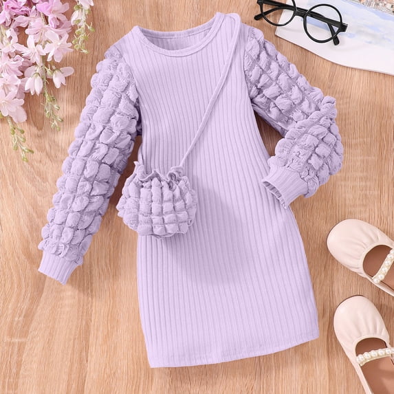 Spazoro Girls Knit Dress with Matching Crossbody Bag, Stretchy Regular Fit Solid Color Long Sleeve Crewneck Midi Length Casual Dresses for Kids Purple Size 4-5T