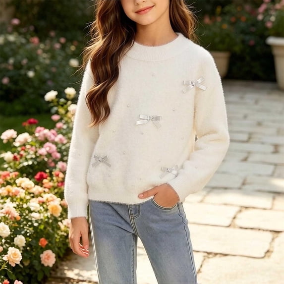 Spazoro Girls Knit Pullover Sweater, Long Sleeve Relaxed Fit Decorative Bows Crewneck Soft Texture Winter Warm Casual Tops for Kids White Size 7-8