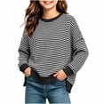 thumbnail image 1 of Spazoro Girls Knit Sweater, Crew Neck 100% Cotton Striped Long Sleeve Side Slit Casual Pullover Tops for School Daily Wear Black Size 5-6, 1 of 9