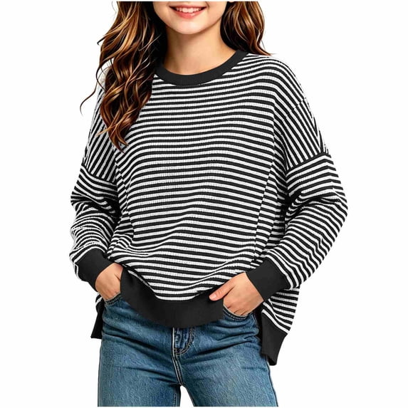 Spazoro Girls Knit Sweater, Crew Neck 100% Cotton Striped Long Sleeve Side Slit Casual Pullover Tops for School Daily Wear Black Size 5-6
