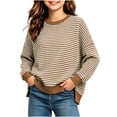 thumbnail image 1 of Spazoro Girls Knit Sweater, Long Sleeve 100% Cotton Side Slit Striped Crew Neck Casual Pullover Tops for School Daily Wear Brown Size 11-12, 1 of 9