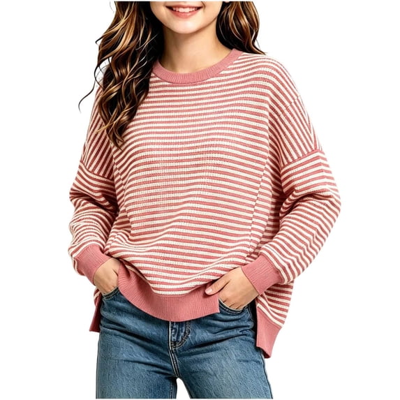 Spazoro Girls Knit Sweater, Long Sleeve Crew Neck Side Slit 100% Cotton Striped Casual Pullover Tops for School Daily Wear Pink Size 13-14