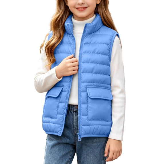 Spazoro Girls Lightweight Puffer Vest with Patch Pockets, Full Zip Stand Collar Sleeveless Solid Color Warm Quilted Outerwear Gilet Blue Size 5-6