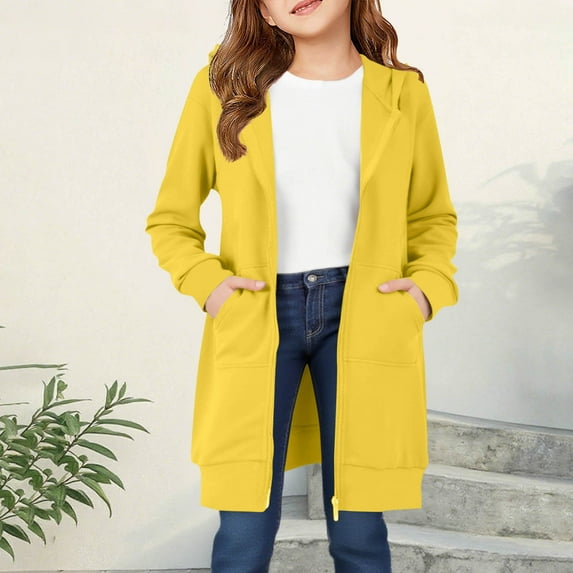 Spazoro Girls Long Length Cardigan, Solid Color Hooded with Pockets Full Zip Casual Tops for Girls Yellow Size 5-6T