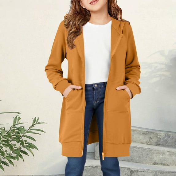 Spazoro Girls Long Length Cardigan, with Pockets Solid Color Hooded Full Zip Casual Tops for Girls Orange Size 13-14T