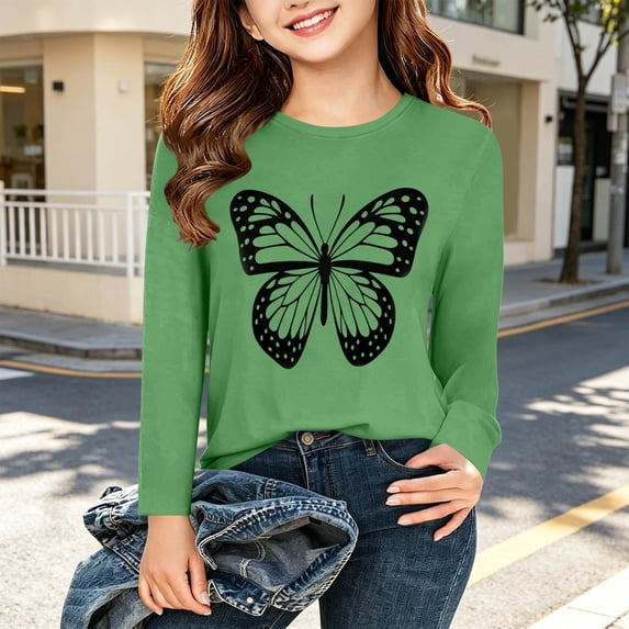 Spazoro Girls Long Sleeve Pullover Top with Butterfly Print, Casual Loose Fit Stretchy Lightweight Crewneck Graphic Tee Shirts for Daily Wear Army Green Size 4-5T