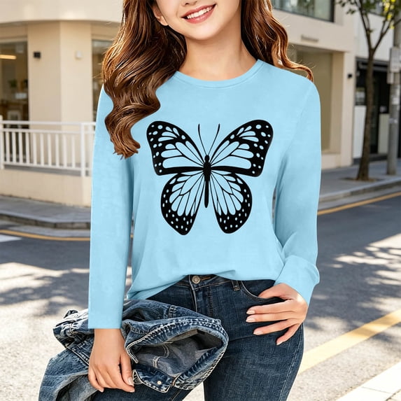 Spazoro Girls Long Sleeve Pullover Top with Butterfly Print, Crewneck Loose Fit Stretchy Lightweight Casual Graphic Tee Shirts for Daily Wear Light Blue Size 4-5T