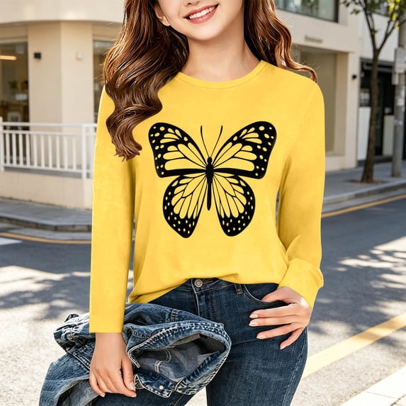Spazoro Girls Long Sleeve Pullover Top with Butterfly Print, Loose Fit Lightweight Crewneck Stretchy Casual Graphic Tee Shirts for Daily Wear Yellow Size 6-7