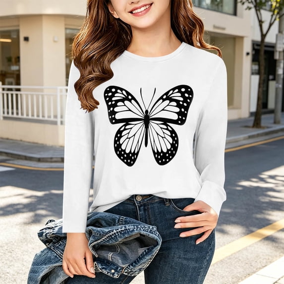 Spazoro Girls Long Sleeve Pullover Top with Butterfly Print, Stretchy Casual Loose Fit Crewneck Lightweight Graphic Tee Shirts for Daily Wear White Size 4-5T