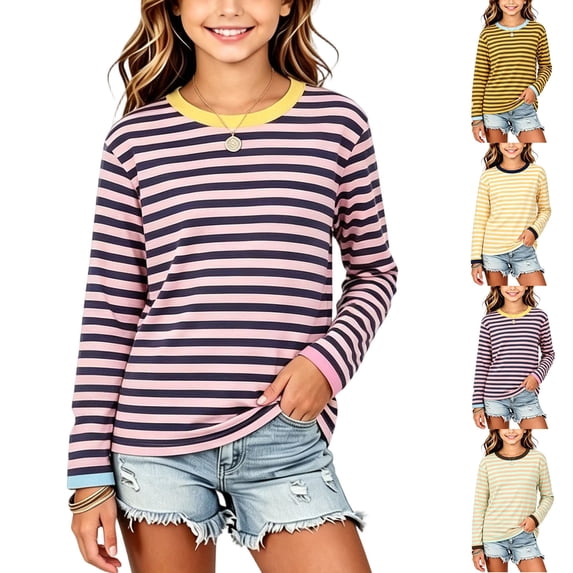 Spazoro Girls Long Sleeve T-Shirts, Crew Neck Stretchy Striped Relaxed Fit Long Sleeve Fall Spring Casual Tops Tee for Daily Wear Pink Size 7-8