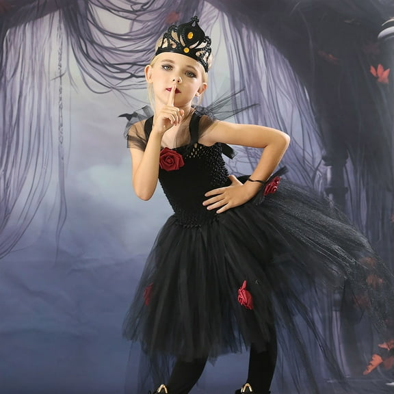 Spazoro Girls Mesh Tulle Princess Dress, Cosplay Performance Dress + Crown + Wrist Flower Party 3 PC Girls Halloween Costumes Black Size M