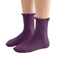 thumbnail image 1 of Spazoro Girls Mid‑Calf Socks, Ribbed Knit Breathable Stretchy 100% Cotton Ruffled Cuff Solid Color Casual Crew Socks Purple, 1 of 5