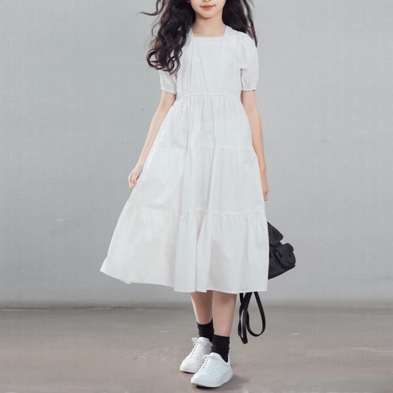 Spazoro Girls Midi Dresses, A-Line Short Sleeve Square Neck Solid Casual Summer Dresses for Girls White Size 9-10