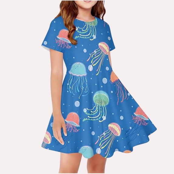 Spazoro Girls Midi Dresses, Short Sleeve A-Line Crew Neck Jellyfish Print Casual Summer Dresses for Girls Sky Blue Size S