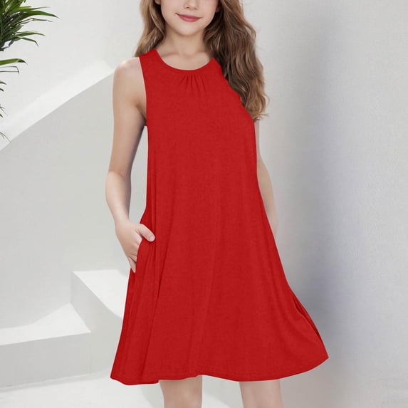 Spazoro Girls Midi Dresses, Sleeveless Solid Crew Neck A-Line Casual Summer Dresses for Girls Red Size 11-12