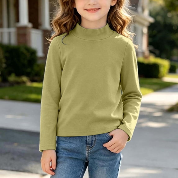 Spazoro Girls Mock Neck Pullover Top, 100% Cotton Loose Fit Solid Color Soft Mock Neck Long Sleeve Basic Layering Shirts for Daily Wear Green Size 7-8